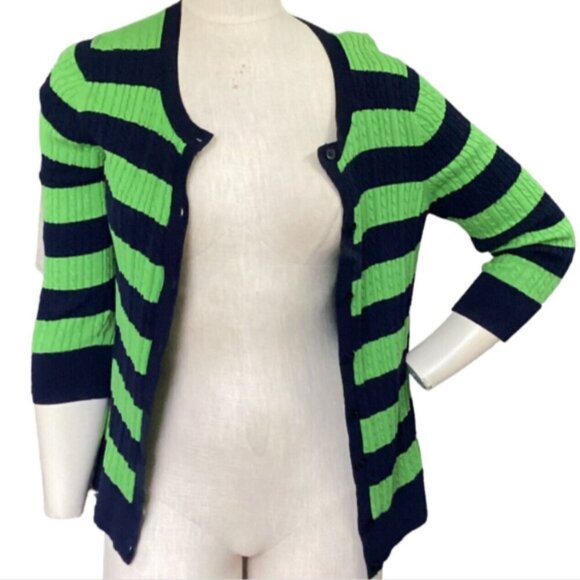 Talbots Cotton Cardigan Twinset Cable Knit Striped Sz PM Navy Blue & Green 91Q - Picture 3 of 10